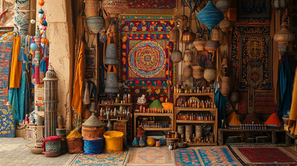 Fototapeta premium A vibrant Moroccan beauty market displaying colorful spices, oils, and perfume ingredients, set against a backdrop of intricate traditional patterns, capturing the essence of Moroccan culture