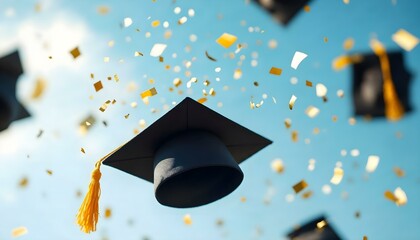 Graduation hats soar as colorful confetti falls, symbolizing success in college and university achievements