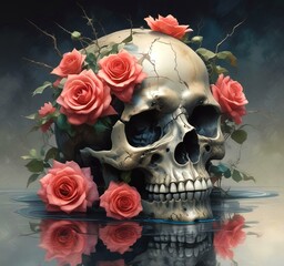 Illustration of human skull with roses.