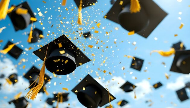 A celebration of success with graduation hats flying and confetti cascading, representing college and university milestones