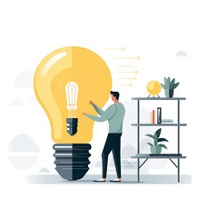Person interacting with a large light bulb, in a modern setting, digital illustration for website background