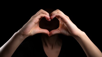 Fototapeta premium The hands are extended forward in the shape of a heart to convey a declaration of love. Soft light illuminates the hands against a black background, enhancing the emotional gesture.