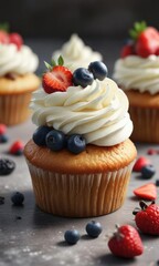 A mouthwatering cupcake topped with a generous helping of creamy frosting and a medley of fresh berries, food styling, cupcakes