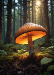 Fototapeta premium A mysterious, glowing mushroom in a dense forest with an orange glow, bioluminescence, mystical, overgrown vegetation
