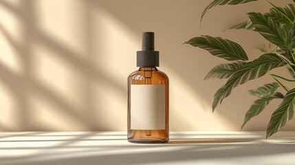 Mockup of brown glass dropper bottle with blank label. 3D rendering
