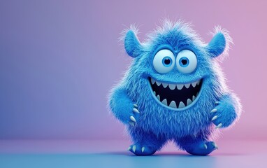 Playful blue fuzzy monster with floppy ears and a wide grin, 3D character design, on a minimal gradient background