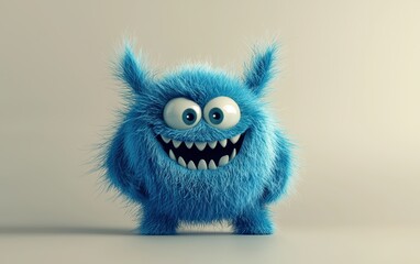 Playful blue fuzzy monster with floppy ears and a wide grin, 3D character design, on a minimal gradient background