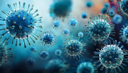 Microscopic Virus Structures Blue Corona, Infection, Pandemic, Cellular, Biology, Generated image