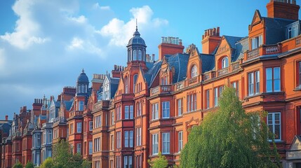 Fototapeta premium Elegant red-brick residential buildings lined along a sunny street with cloudy blue skies above