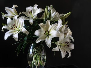 Fototapeta premium Elegant Lilies in a Vase Against a Dark Background