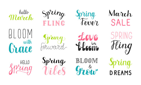 Spring quotes hand drawn calligraphy lettering set. Springtime phrases in pink green blue script. Decoration elements for banner posters covers card. Hello March, bloom with grace and other.
