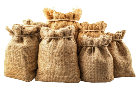 Collection of burlap sacks stacked together in a rustic arrangement for agricultural or storage purposes