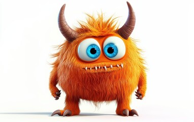 Fototapeta premium funny Fluffy bright monster with horns and big blue eyes, cartoon charachter standing on a bright white background
