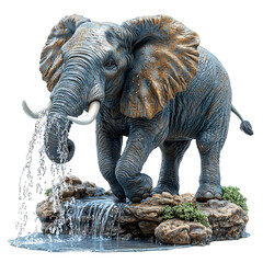 Fototapeta premium A realistic elephant sculpture with water flowing, set on rocks.