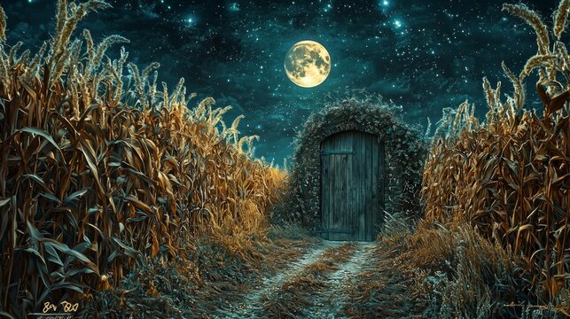 Enigmatic Wooden Doorway in a Moonlit Cornfield at Night Mystical Fantasy Scene