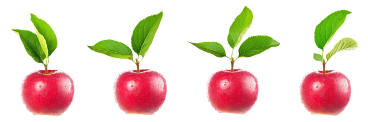  Four red apples in different stages of growth from left to right with droplets on them and one leaf growing out the top isolated on transparent background png