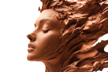 Sculpture depicting a female face with flowing hair made of clay or chocolate in a creative artwork setting