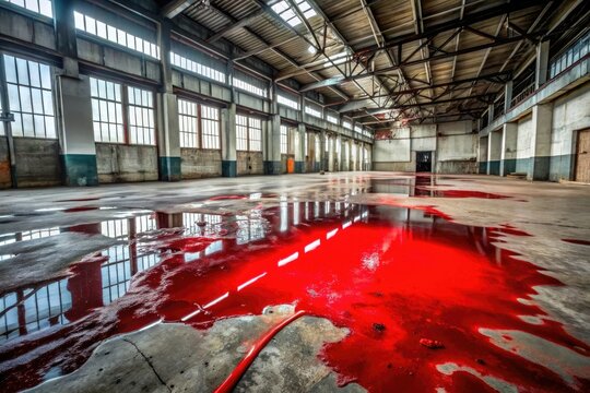 A red oil spill spreads across the floor of an abandoned warehouse on a dull grey background, rust, red, oil, decay