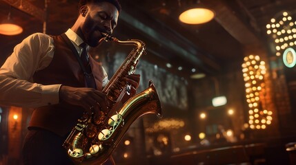 A Man Plays Saxophone in a dimly lit Jazz Club