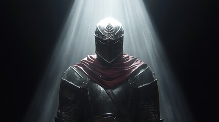 A stoic warrior in ceremonial armor with a crest helmet standing under a solitary beam of light in a minimalist space