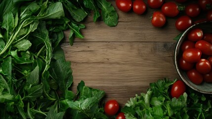 Fresh vegetables and greens on wooden background