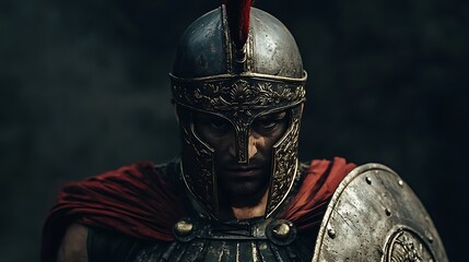 A stoic ancient warrior in detailed armor with a crest helmet standing under dramatic lighting in a minimalist scene