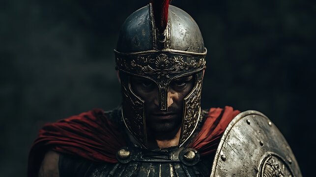 A stoic ancient warrior in detailed armor with a crest helmet standing under dramatic lighting in a minimalist scene