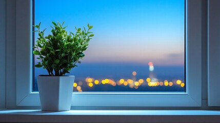 Fototapeta premium Evening City Lights Viewed from Windowsill Plant