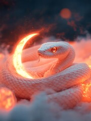 Fototapeta premium Cosmic Ramadan Elegance Realistic Snake Art Coiled with Glowing Crescent Amid Lanterns - Luxury Design and Cultural Anthropology for Festival Merchandising