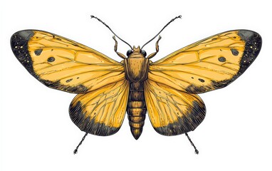 Obraz premium Bright yellow bug with detailed wings, cartoonish design, isolated on a clean white background