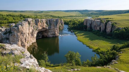 River canyon landscape, summer sunlight, green valley, tranquil scene, nature photography