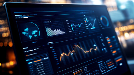 Naklejka premium Real-time data management dashboard analysis urban office environment interactive data visualization professional insights