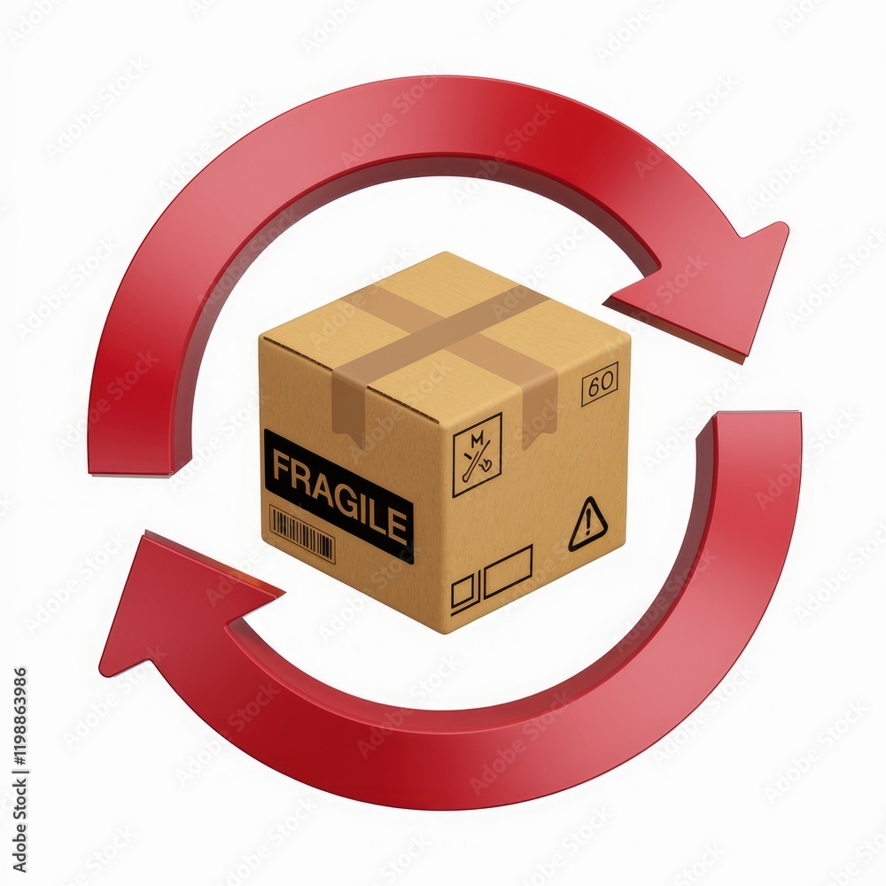 Poster A cardboard box labeled 'fragile' is shown within a circular, red arrow signifying a shipping or delivery process.