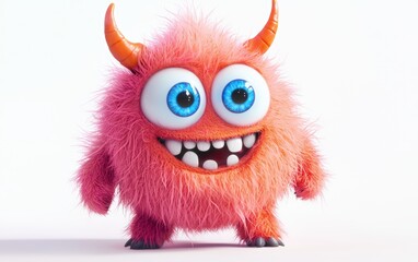 Naklejka premium Fluffy pink monster with bright orange horns and big blue eyes, standing on a bright white background