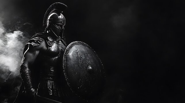 Spartan warrior holding a shield and sword, black and white armor glistening, black background and thin white smoke
