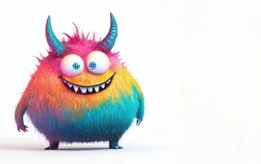 Fototapeta premium Friendly colorful monster with small horns and a big smile, isolated on a white surface