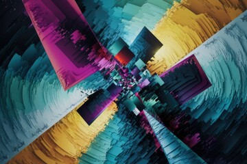 Abstract digital art featuring vibrant colors, geometric shapes, and a dynamic, swirling composition.