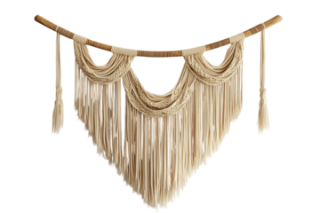 Woven macrame wall hanging crafted from natural fibers enhances interior decor in a cozy living space