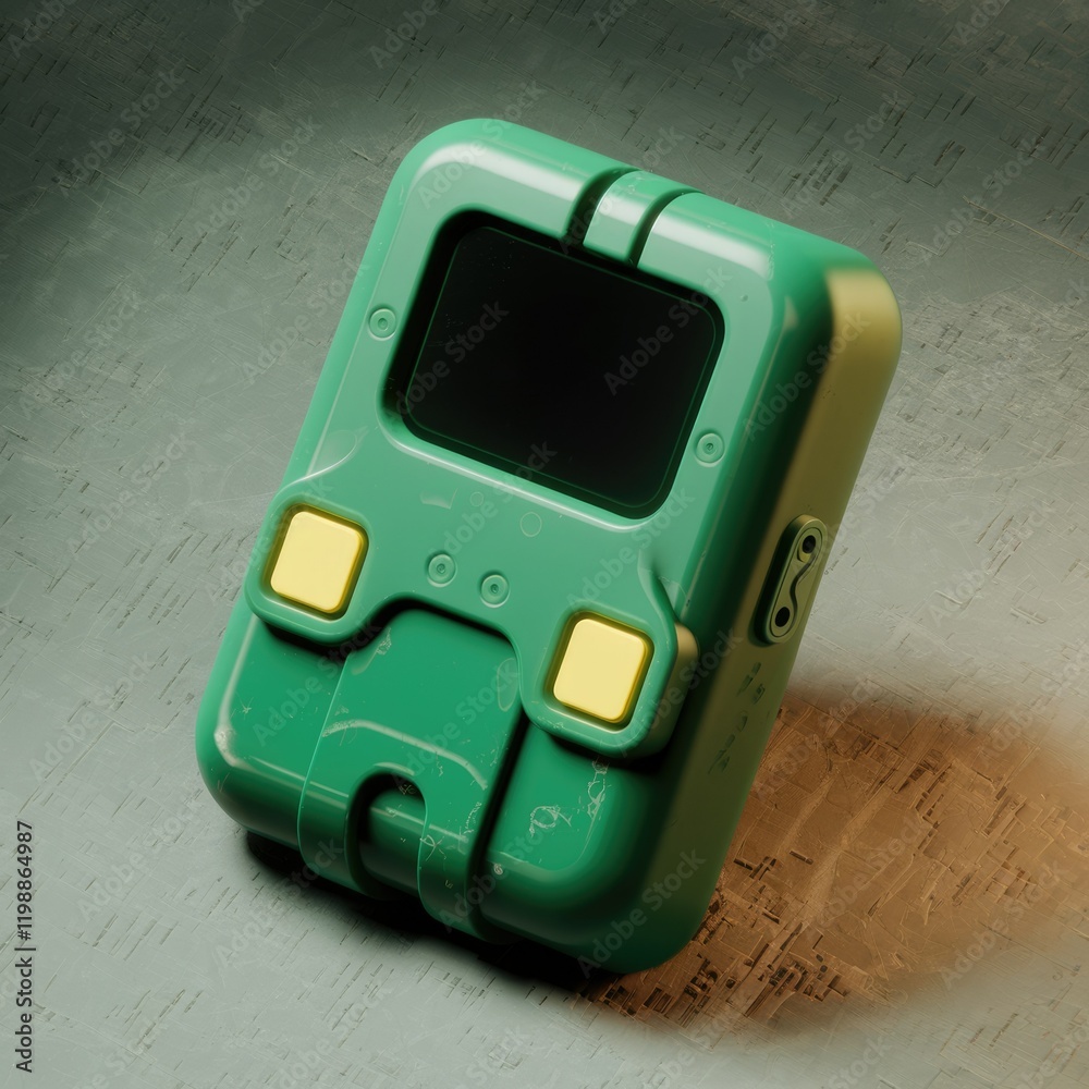Aufkleber Retro futuristic handheld device with screen and buttons, showing signs of wear.