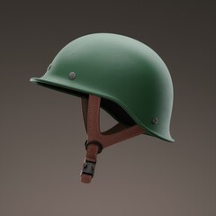 Fototapeta premium A green military-style helmet with brown leather straps, showcasing a vintage aesthetic.