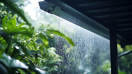 a sprinkler spraying water from a roof