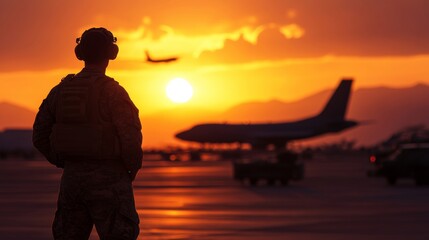 A soldier observes military aircraft departing at dusk, symbolizing bravery and commitment