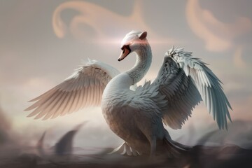 Fototapeta premium A majestic swan with angelic wings, bathed in ethereal light, evokes a sense of serene power and mythical grace.