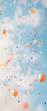 Ethereal Purim Elegance Vibrant Lanterns and Confetti in Pastel Sky - Spring Event Decor and Commercial Promotions for Seasonal Ambiance and Festive Design Trends