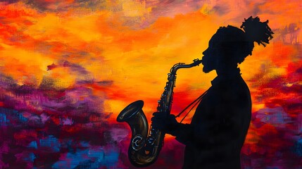 Obraz premium Saxophonist Silhouette Against Vibrant Sunset Sky