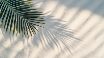 Obraz premium palm leaf casts serene shadow on sunlit wall, creating tranquil island vibe. soft interplay of light and shadow evokes sense of calm and relaxation