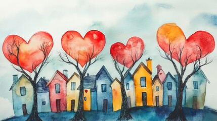 Charming village adorned with red hearts and whimsical twisted trees in soft watercolor hues