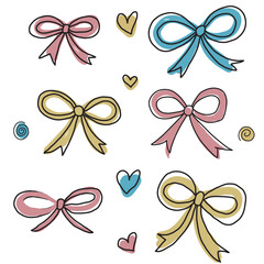 Valentine's day elements set of colorful hand-drawn bows and hearts, perfect for design and decoration projects