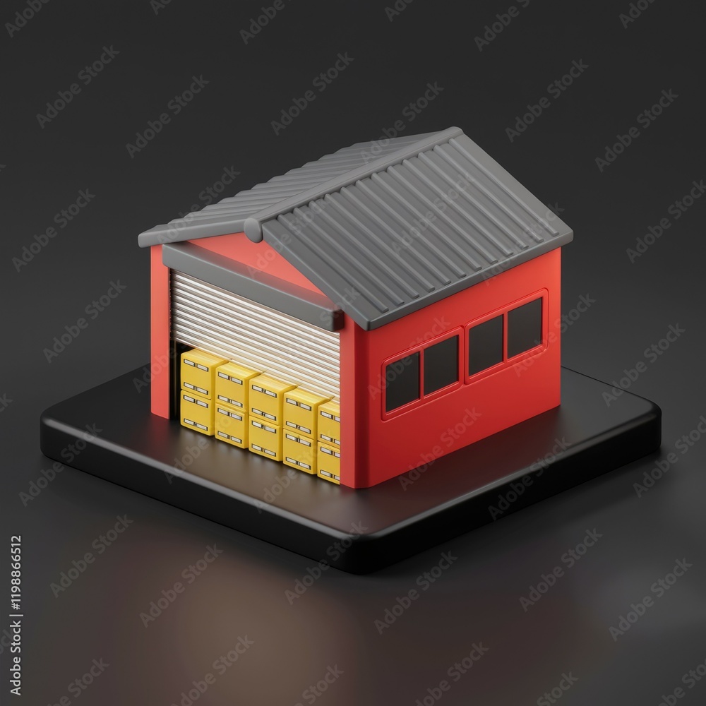 Poster A 3D rendering of a red warehouse with its roll-up door open, revealing stacks of yellow boxes inside.