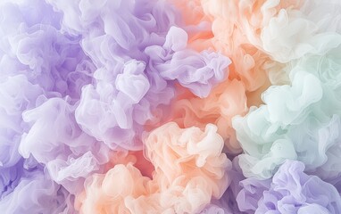 Fototapeta premium Soft pastel-colored smoke in shades of lavender, peach, and mint, gently swirling on a white background